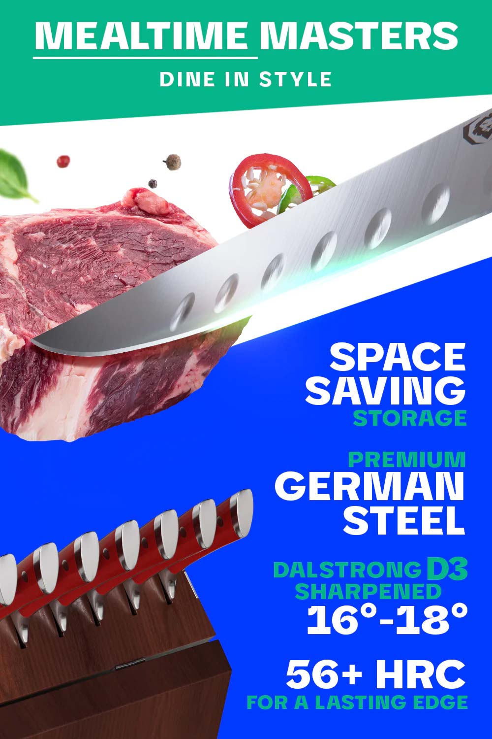 Dalstrong gladiator series 8 piece steak knfie set featuring it's razor sharp german steel blade.