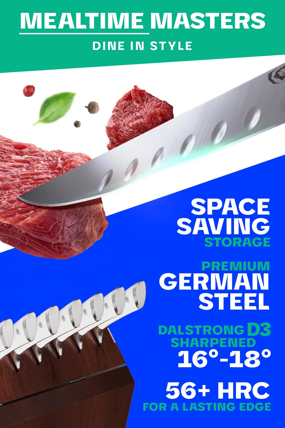 Dalstrong gladiator series 8 piece steak knife set with white handles featuring it's razor sharp german steel blade.