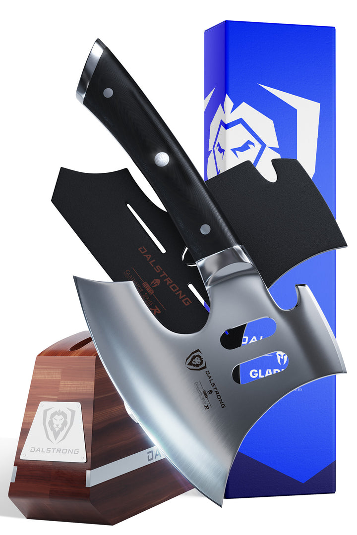 Dalstrong gladiator series 8 inch meat axe with wooden stand in front of it's premium packaging.