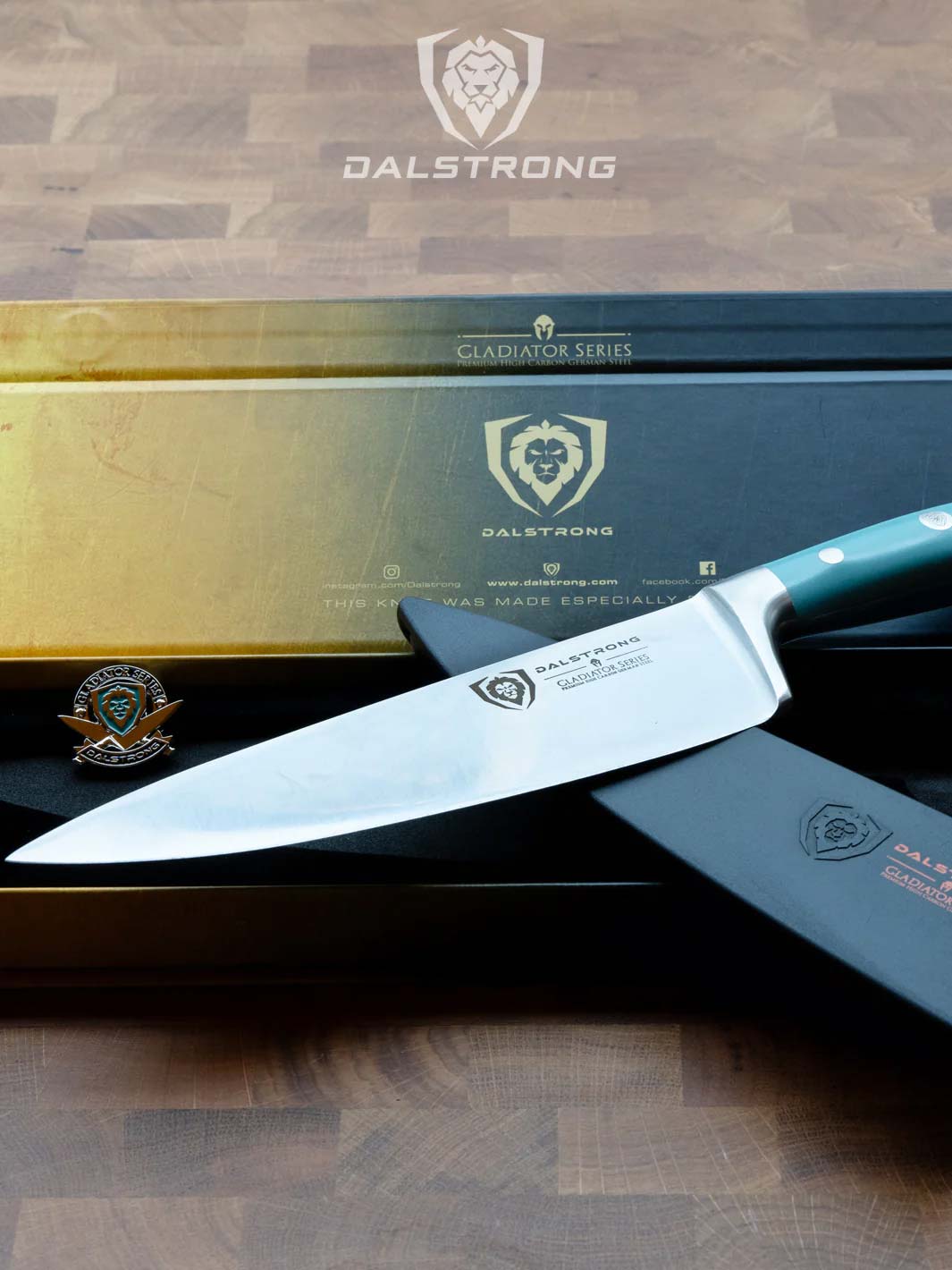 Dalstrong gladiator series 8 inch chef knife with aegeal teal handle and black sheath on top of it's premium packaging.