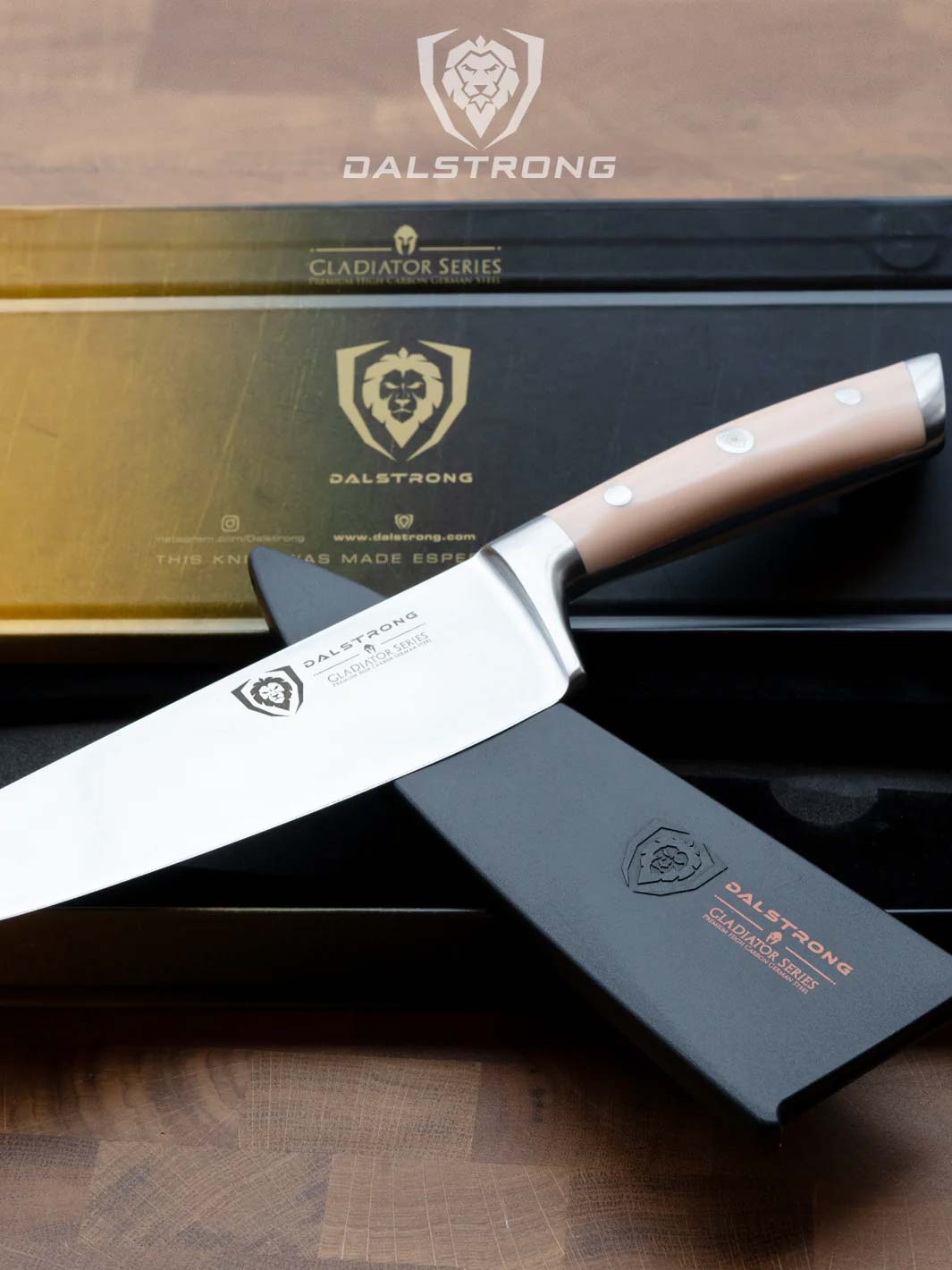 Dalstrong gladiator series 8 inch chef knife with peach handle and black sheath on top of it's premium packaging.
