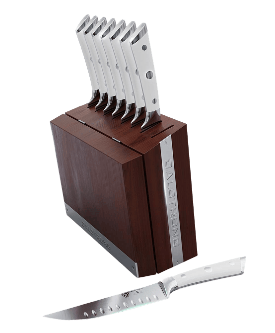 8-Piece Steak Knife Set | White ABS Handles with Storage Block | Gladiator Series | Knives NSF Certified | Dalstrong ©