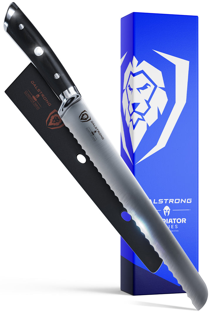 Dalstrong gladiator series 10 inch serrated bread knife with black handle in front of it's premium packaging.