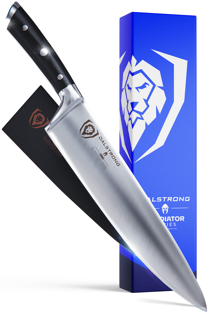 Dalstrong gladiator series 10 inch chef knife with black handle in front of it's premium packaging.
