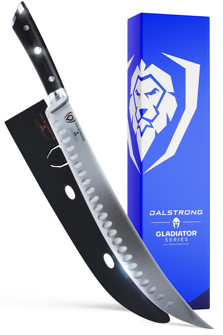 Dalstrong gladiator series 12 inch butcher knife with black handle in front of it's premium packaging.