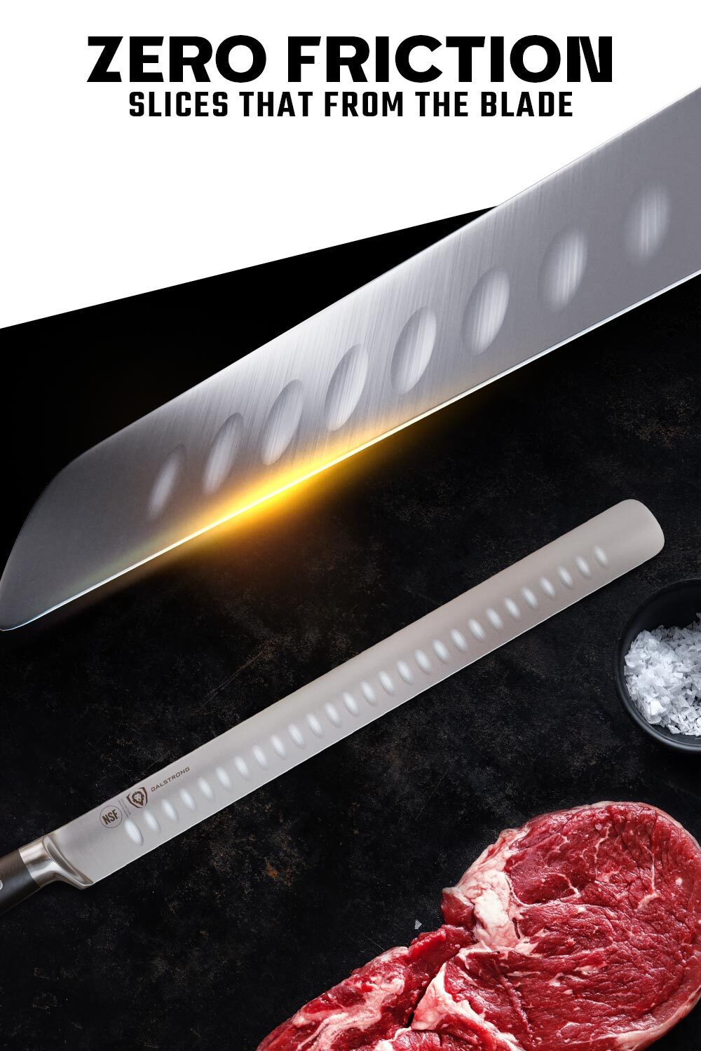 Dalstorng gladiator series 12 inch slicer knife with black handle featuring it's sharpness.