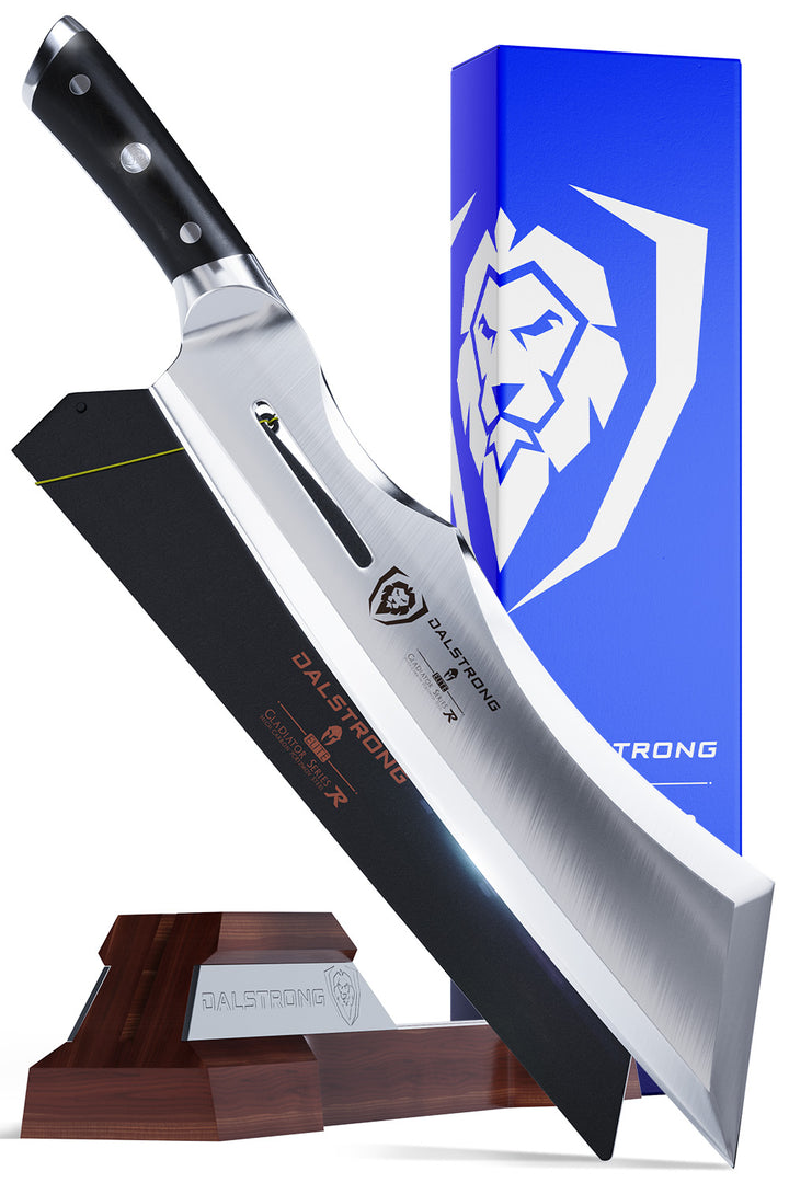 Dalstrong gladiator 14 inch annihilator cleaver knife with black handle and stand in front of it's premium packaging.