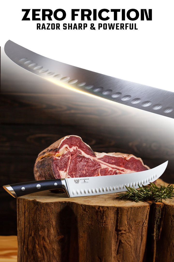 Dalstrong gladiator series 14 inch butcher knife with black handle featuring it's razor sharp blade.