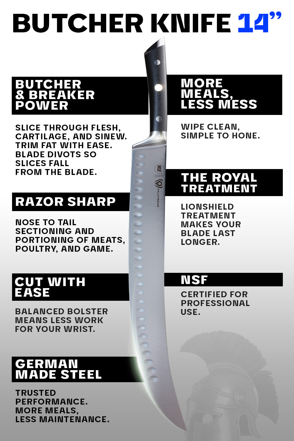 Dalstrong gladiator series 14 inch butcher knife with black handle specification.