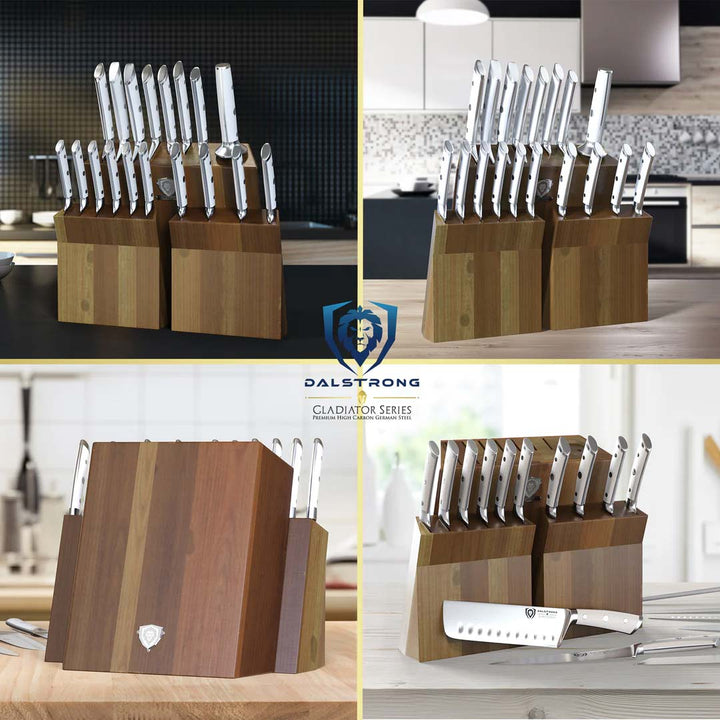 Dalstrong gladiator series 18 piece knife set with white handles and block in four different angles.