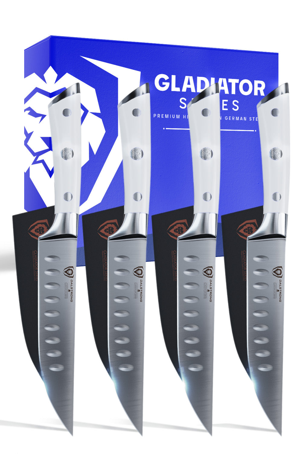 4-Piece Straight-Edge Steak Knife Set | Glacial White ABS Handles | Gladiator Series | NSF Certified | Dalstrong ©