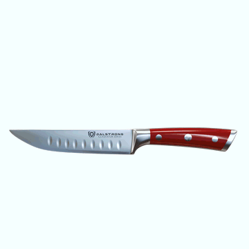 Dalstrong gladiator series 4 piece steak knife set with red handle in all angles.