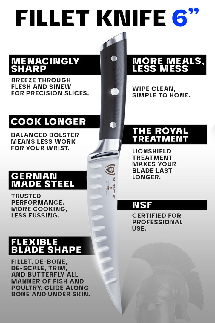 Dalstrong gladiator series 6 inch curved fillet knife with black handle specification.