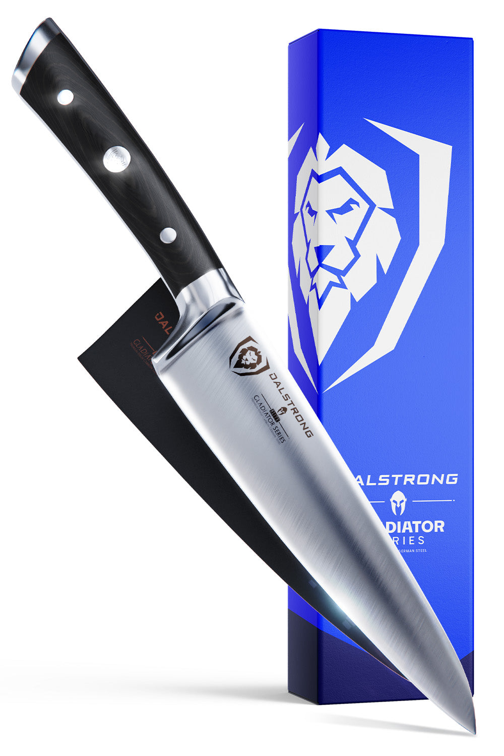 Dalstrong gladiator series 7 inch chef knife with black handle in front of it's premium packaging.