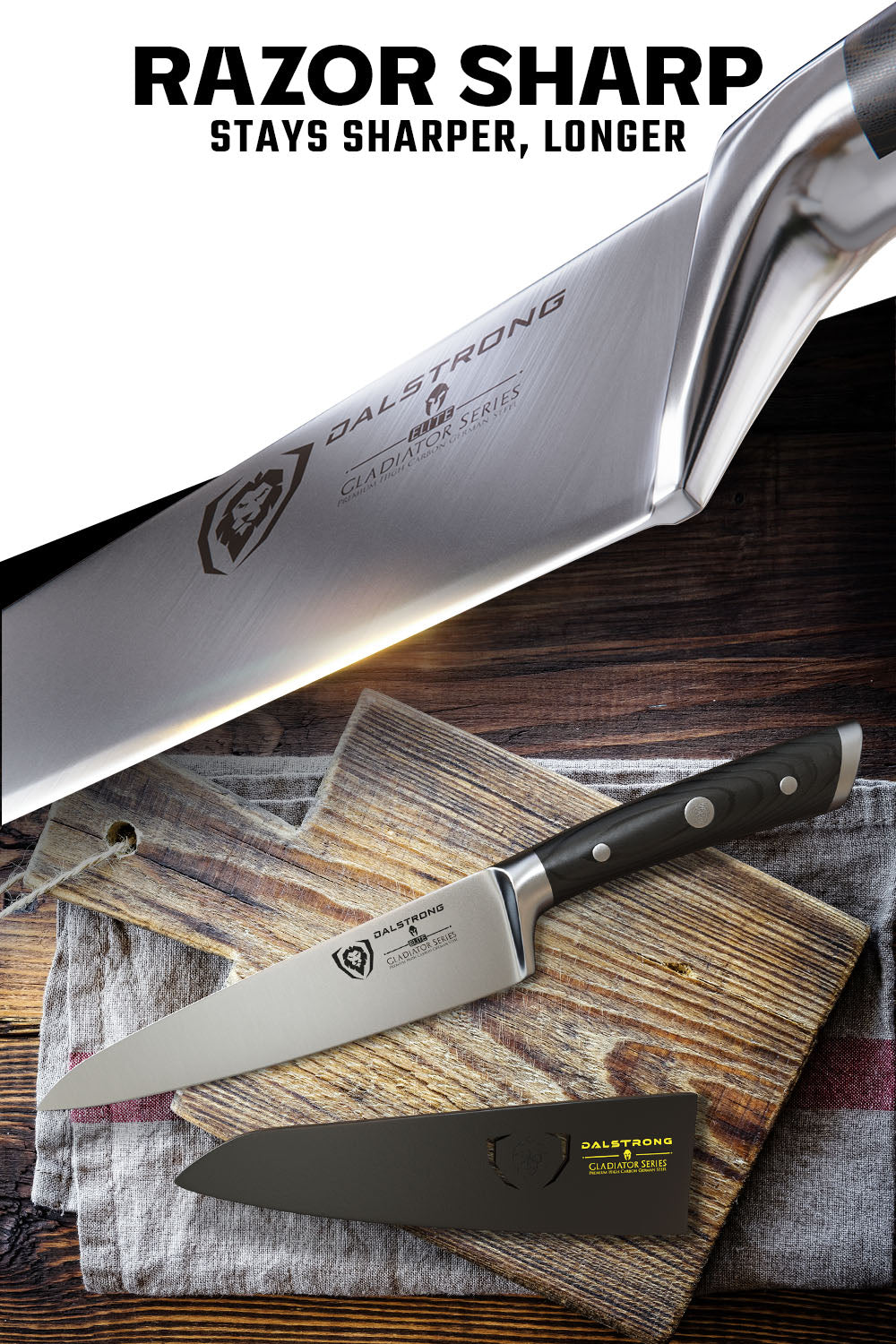 Dalstrong gladiator series 7 inch chef knife with black handle featuring it's razor sharp blade.