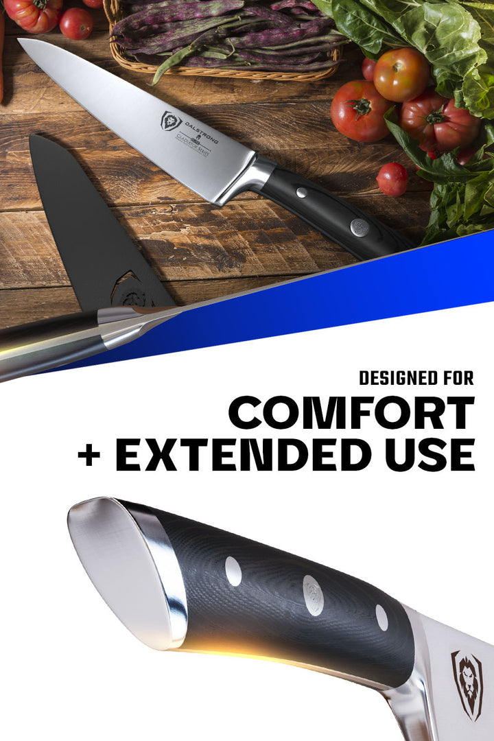Dalstrong gladiator series 7 inch chef knife featuring it's comfortable black handle.
