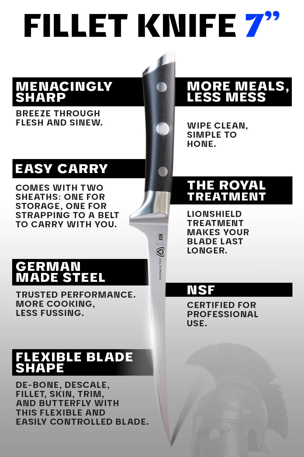 Dalstrong gladiator series 7 inch flexible fillet knife with black handle specification.
