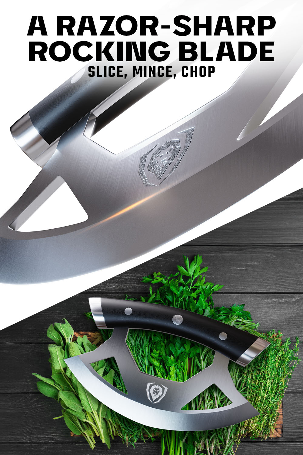 Dalstrong gladiator series 7 inch ulu knife with black handle featuring it's razor sharp rocking blade.