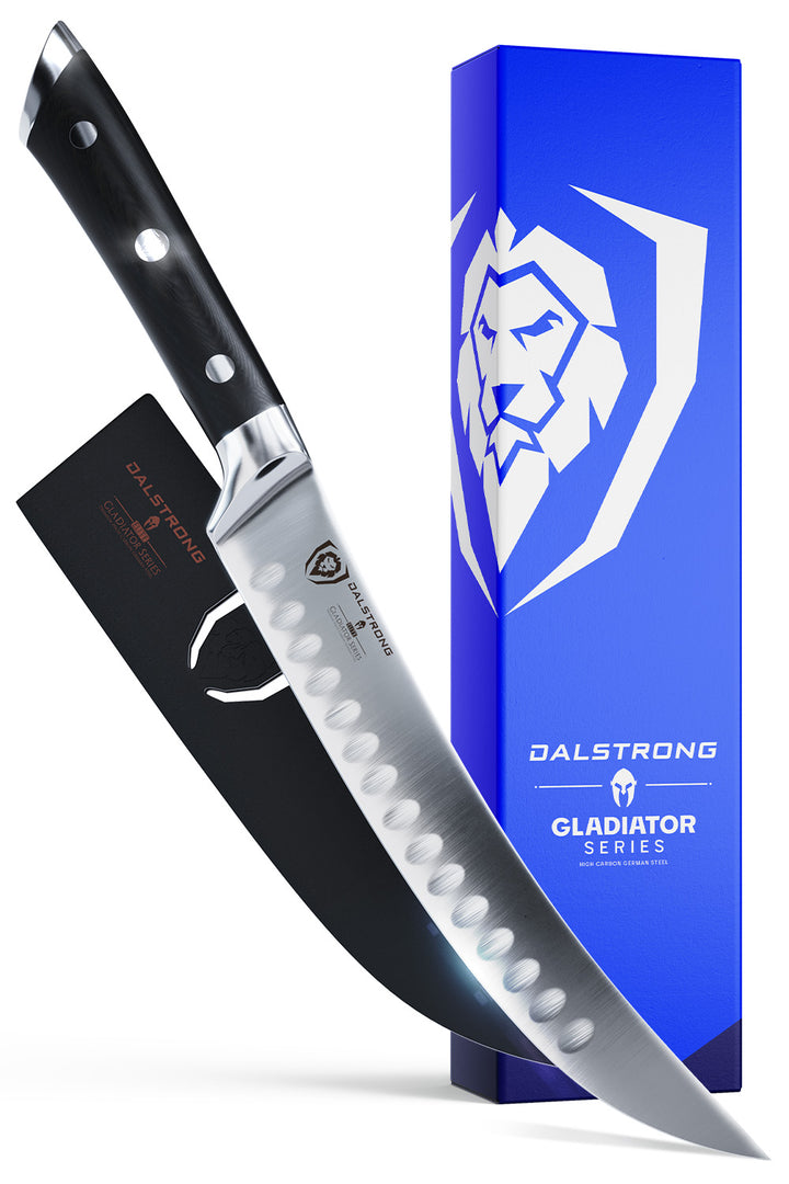 Dalstrong gladiator series 8 inch butcher knife with black handle in front of it's premium packaging.