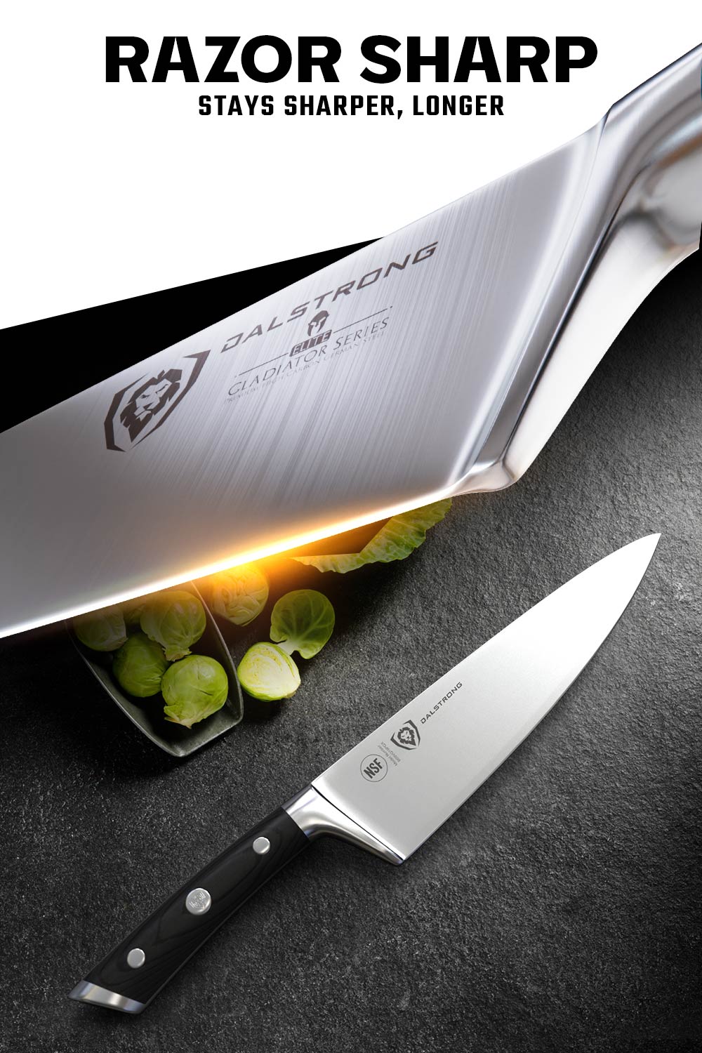 Dalstrong gladiator series 8 inch chef knife with black handle featuring it's sharpness.