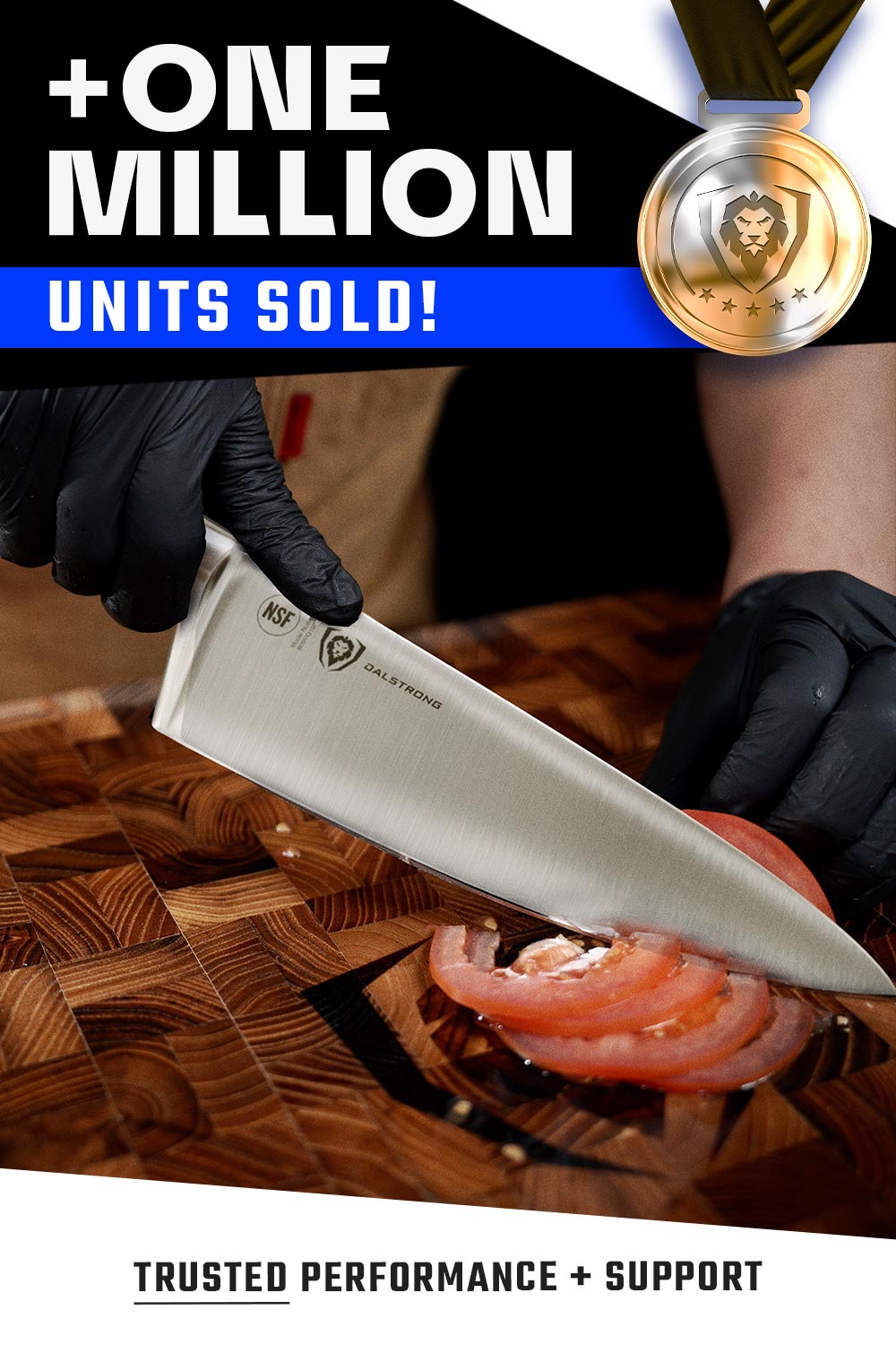 Dalstrong gladiator series 8 inch chef knife with black handle showcasing it's sales.