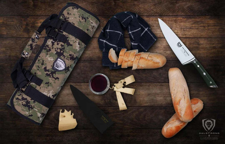 Dalstrong gladiator series 8 inch chef knife with green handle and it's sheath beside three pieces of bread.