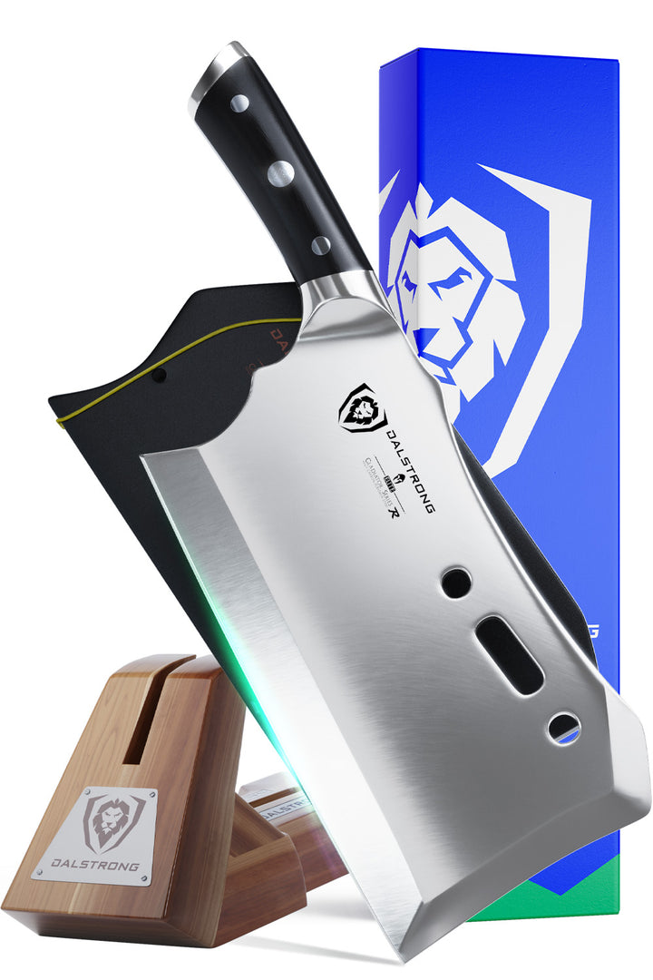 Dalstrong gladiator series 9 inch obliterator cleaver knife with black handle in front of it's premium packaging.