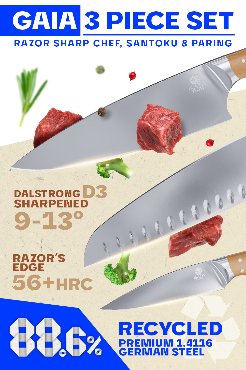 3-Piece Knife Set | Chef - Santoku - Paring | Sustainable and Earth-friendly Material | Gaia Series | Dalstrong © 13