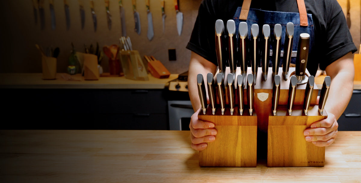 The full Colossal knife set on a kitchen counter