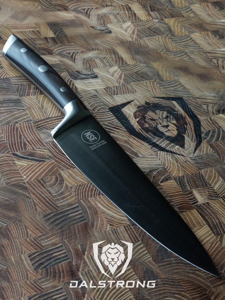 Dalstrong gladiator series 8 inch chef knife with faux wood handle in top of a dalstrong wooden cutting board.