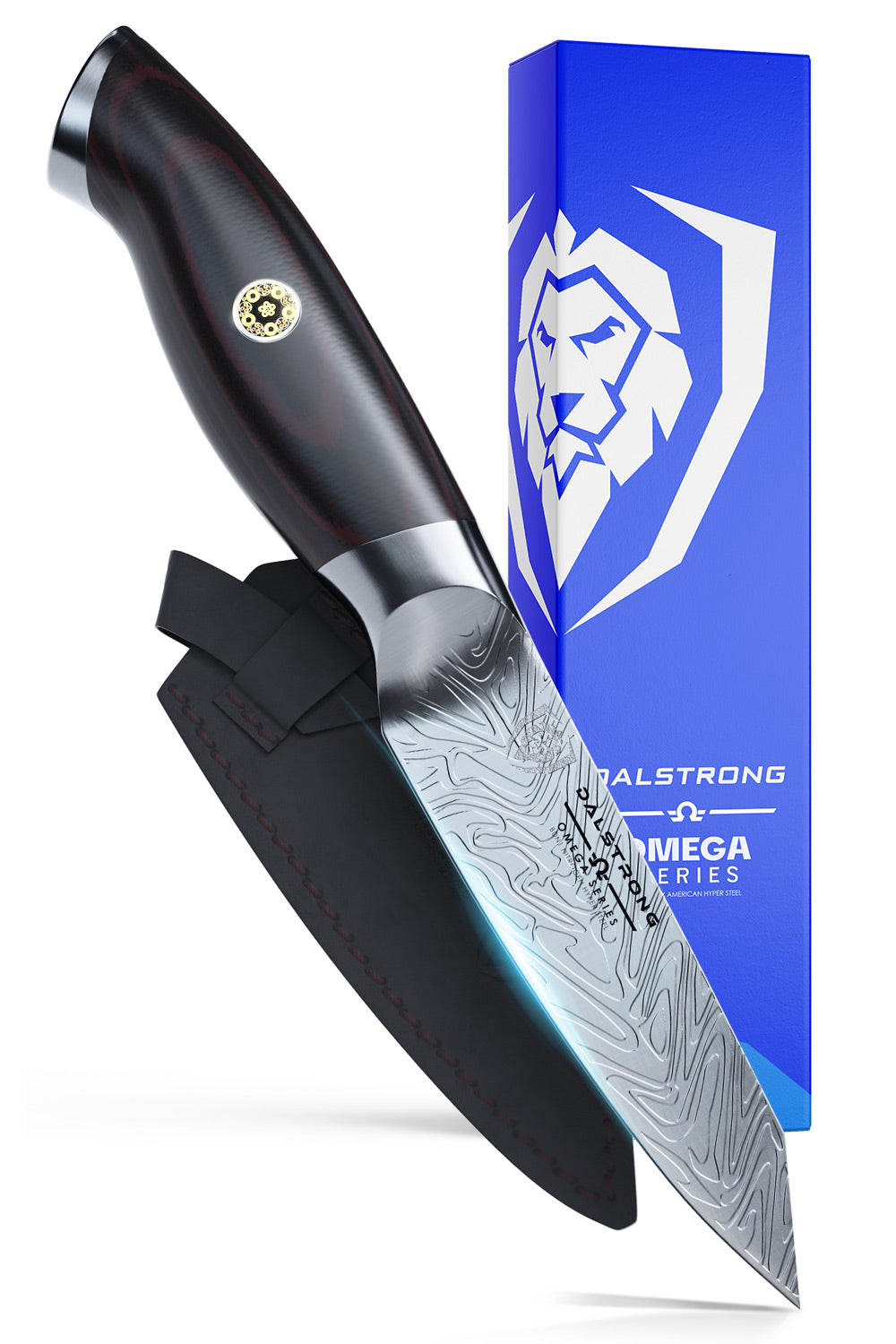 Dalstrong omega series 4 inch paring knife in front of it's premium packaging.