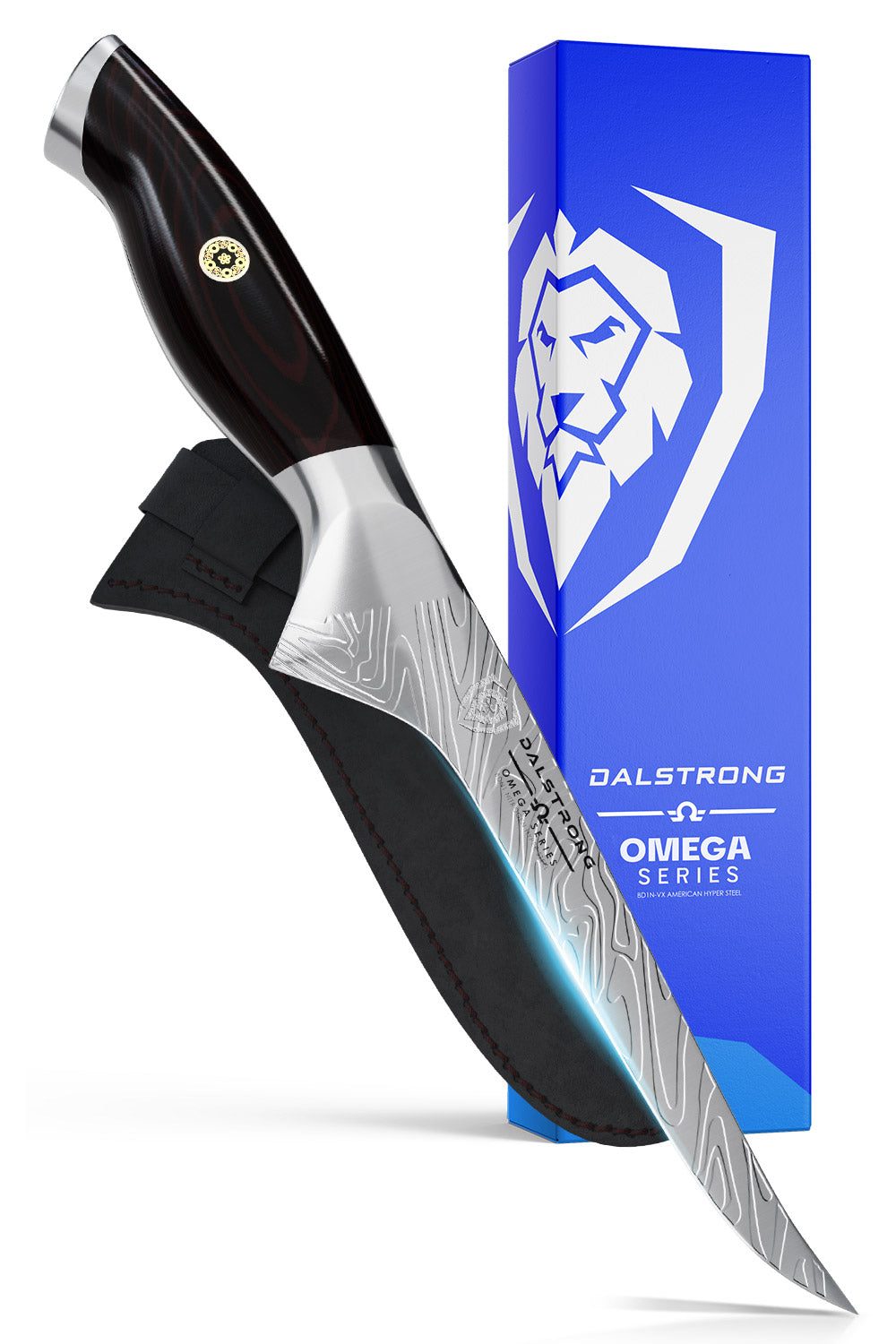 Dalstrong omega series 6 inch straight boning knife in front of it's premium packaging.