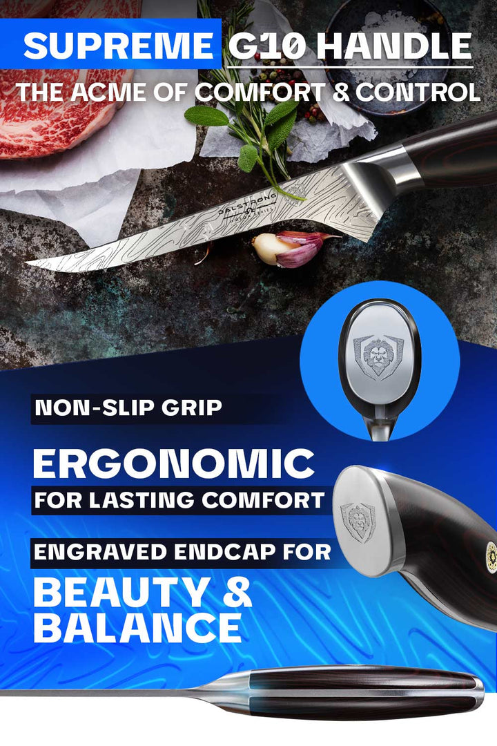 Dalstrong omega series 6 inch straight boning knife featuring it's ergonomic G10 non-slip handle.