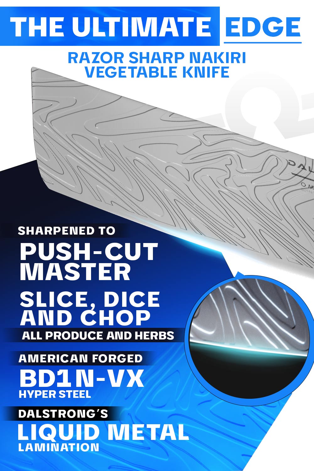 Dalstrong omega series 7 inch nakiri knife featuring it's razor sharp blade.