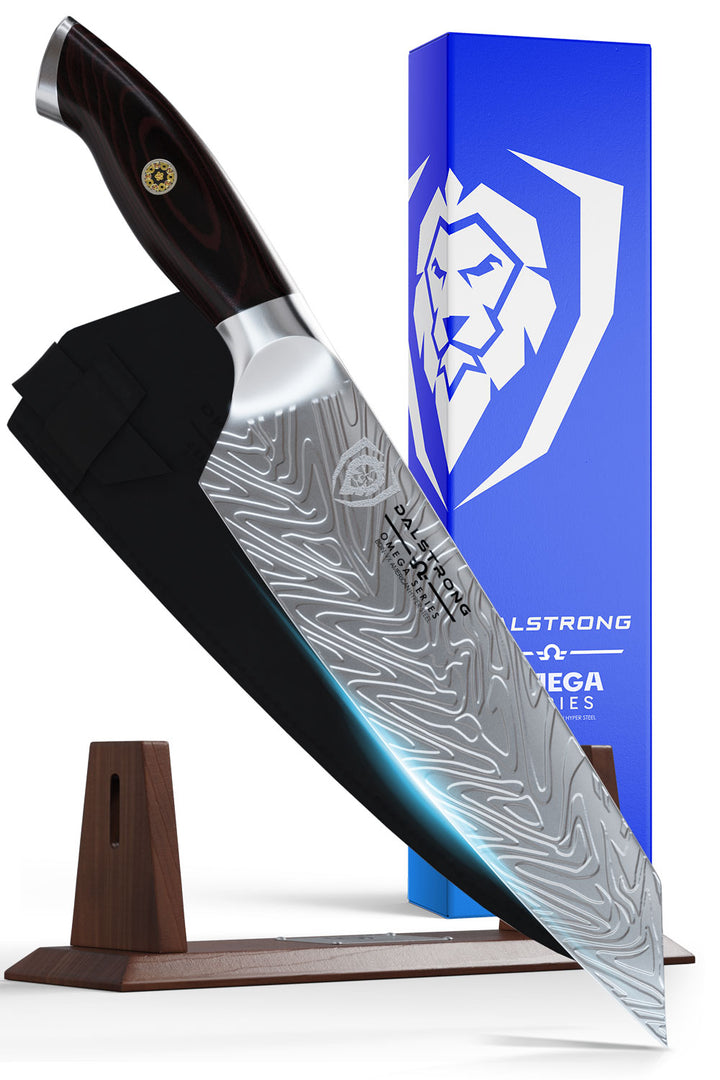 Dalstrong omega series 8.5 inch chef knife collectors set in front of it's premium packaging.