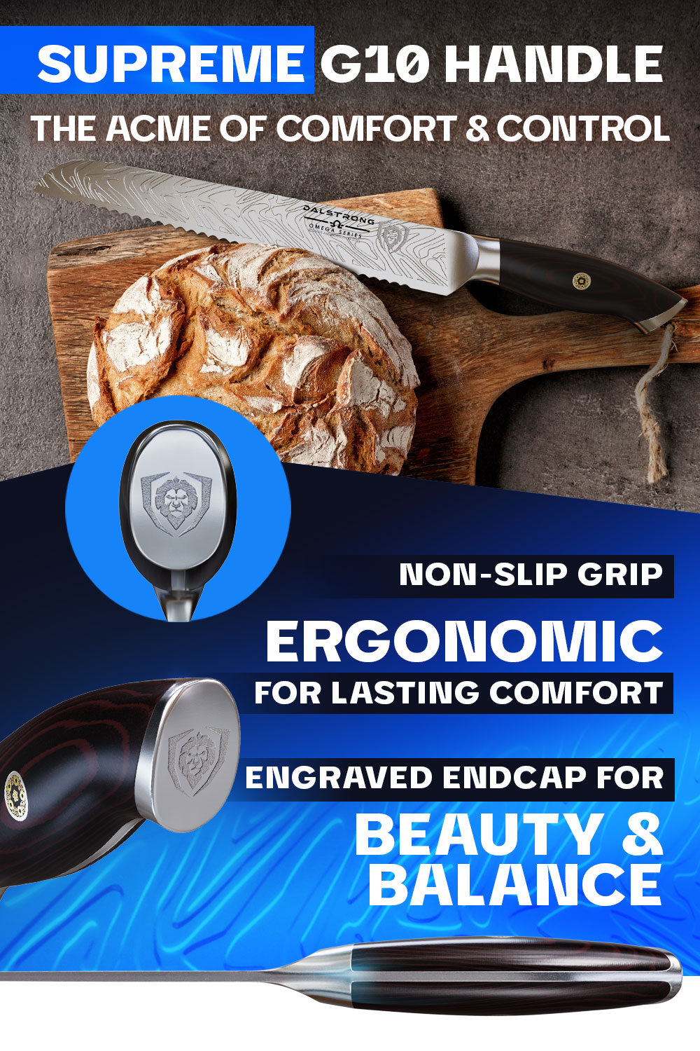 Dalstrong omega series 9 inch bread knife featuring it's comfortable G10 handle.