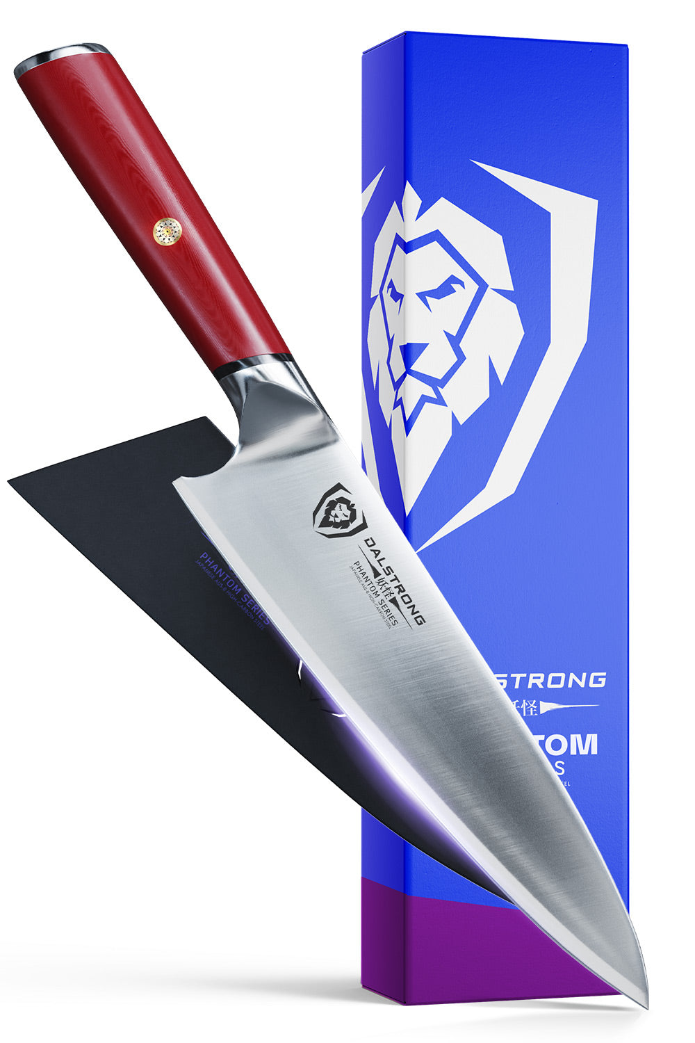 Dalstrong phantom series 8 inch chef knife with red handle in front of it's premium packaging.