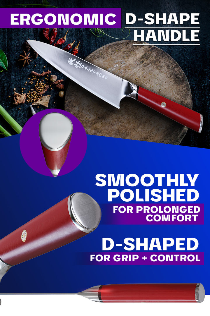Dalstrong phantom series 8 inch chef knife showcasing it's ergonomic red handle.