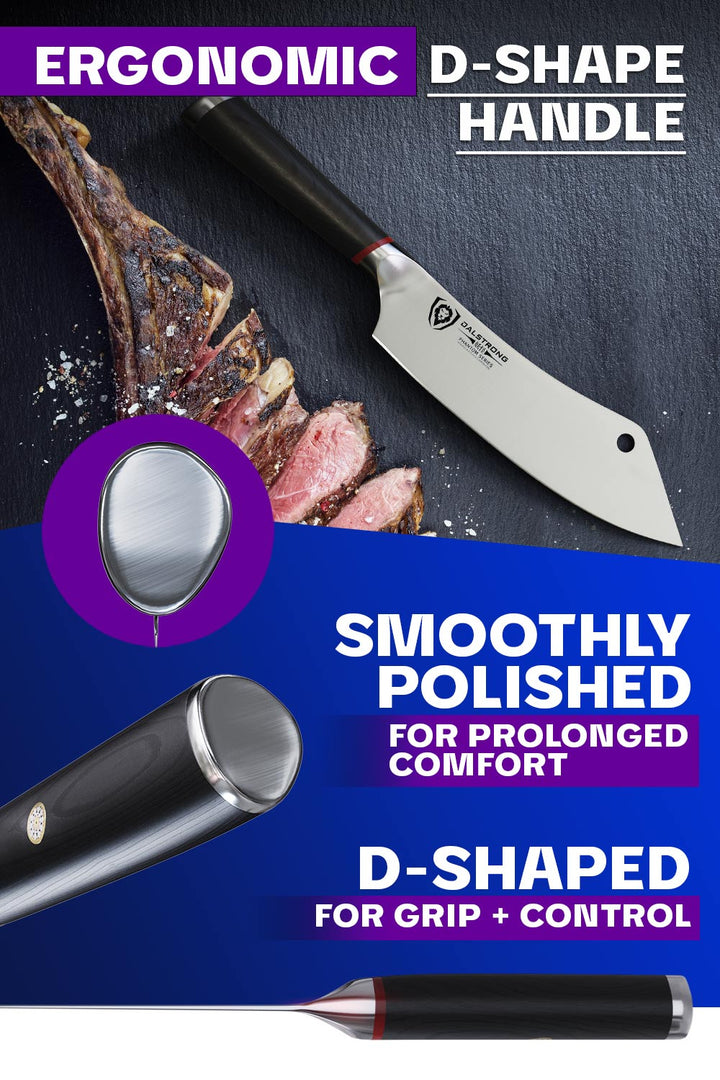 Dalstrong phantom series 8 inch crixus cleaver knife showcasing it's ergonomic d-shape pakka wood handle.