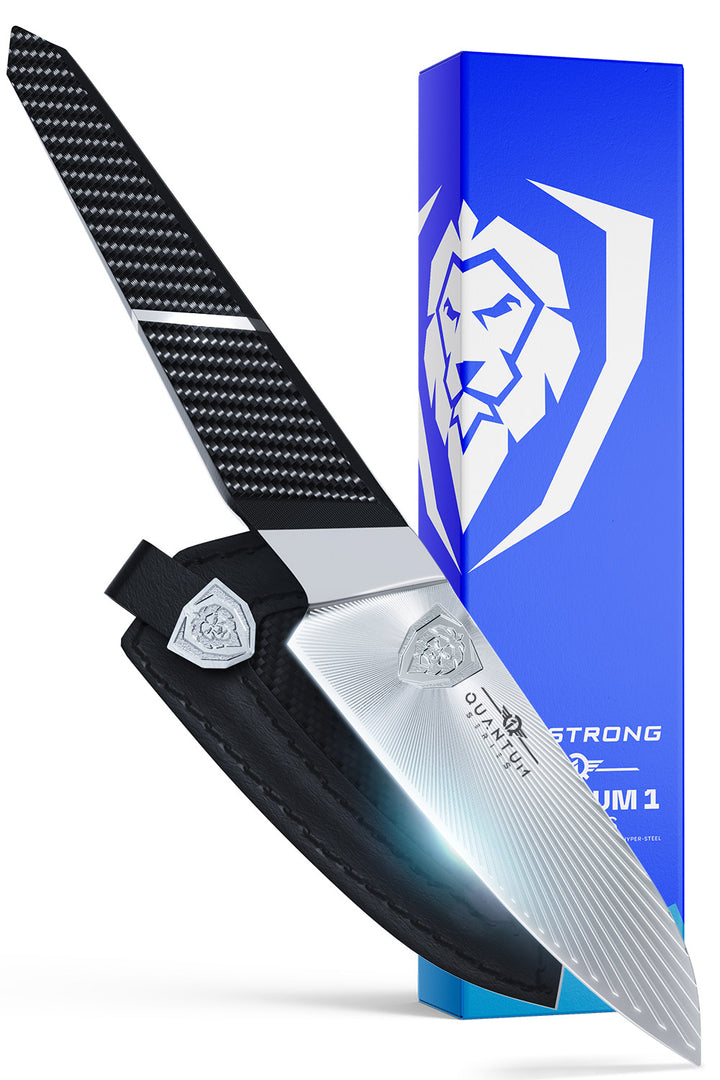 Dalstrong quantum 1 series 4 inch paring knife with dragon skin handle in front of it's premium packaging.