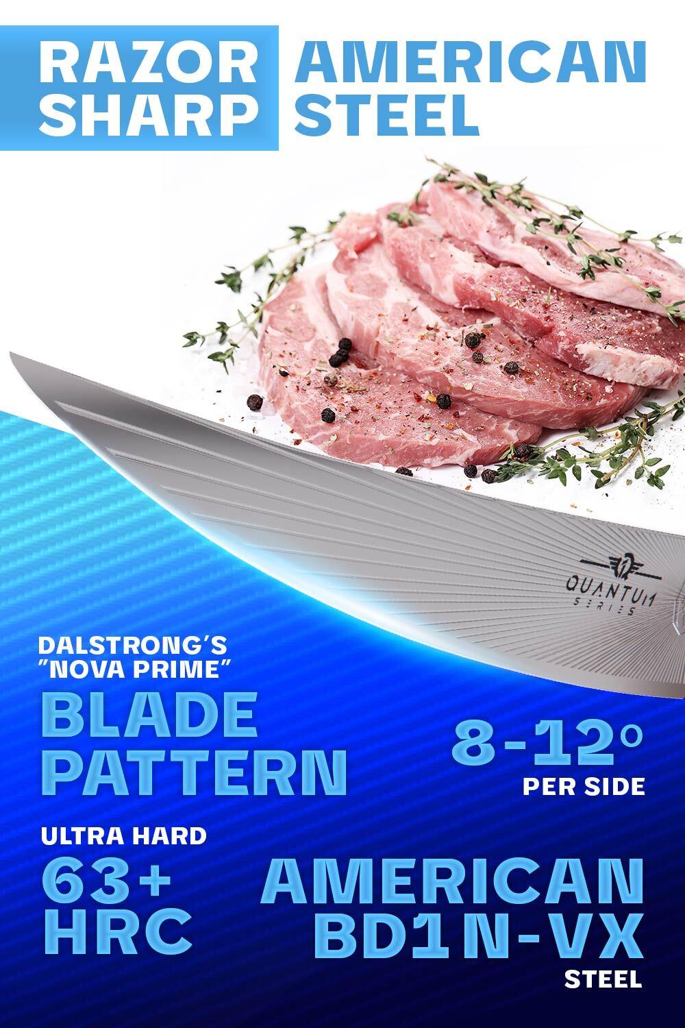 Dalstrong quantum 1 series 6 inch boning knife with dragon skin handle featuring it's razor sharp american steel blade.