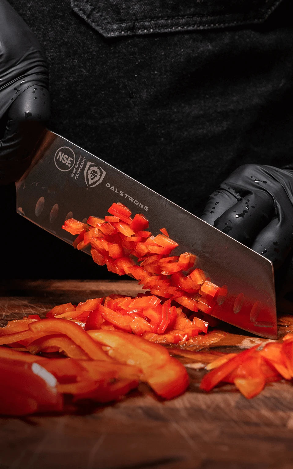 The nakiri, moving chopped peppers from board to pan.