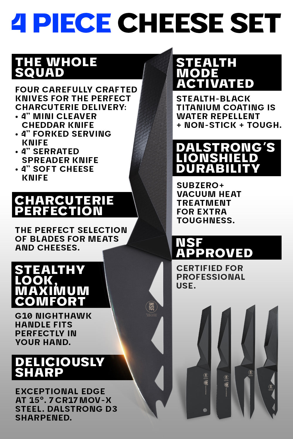 4-Piece Cheese Knife Set | Shadow Black Series | NSF Certified | Dalstrong ©