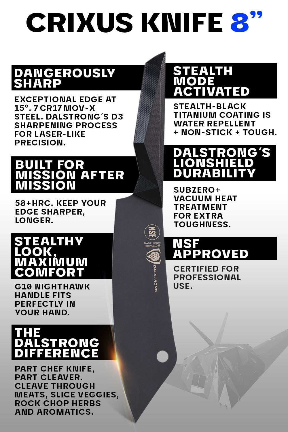 Chef's Knife-Cleaver Hybrid 8" | Crixus | Shadow Black Series | NSF Certified | Dalstrong ©