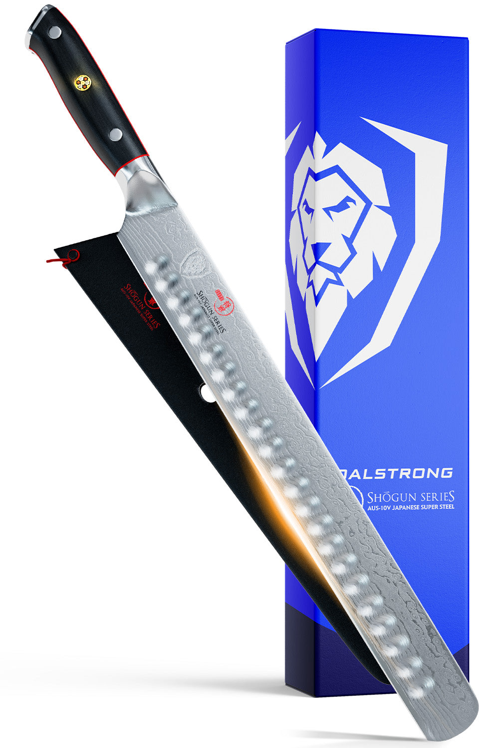 Dalstrong Shogun Series 12 inch slicing and carving knife with black handle in front of it's premium packaging.