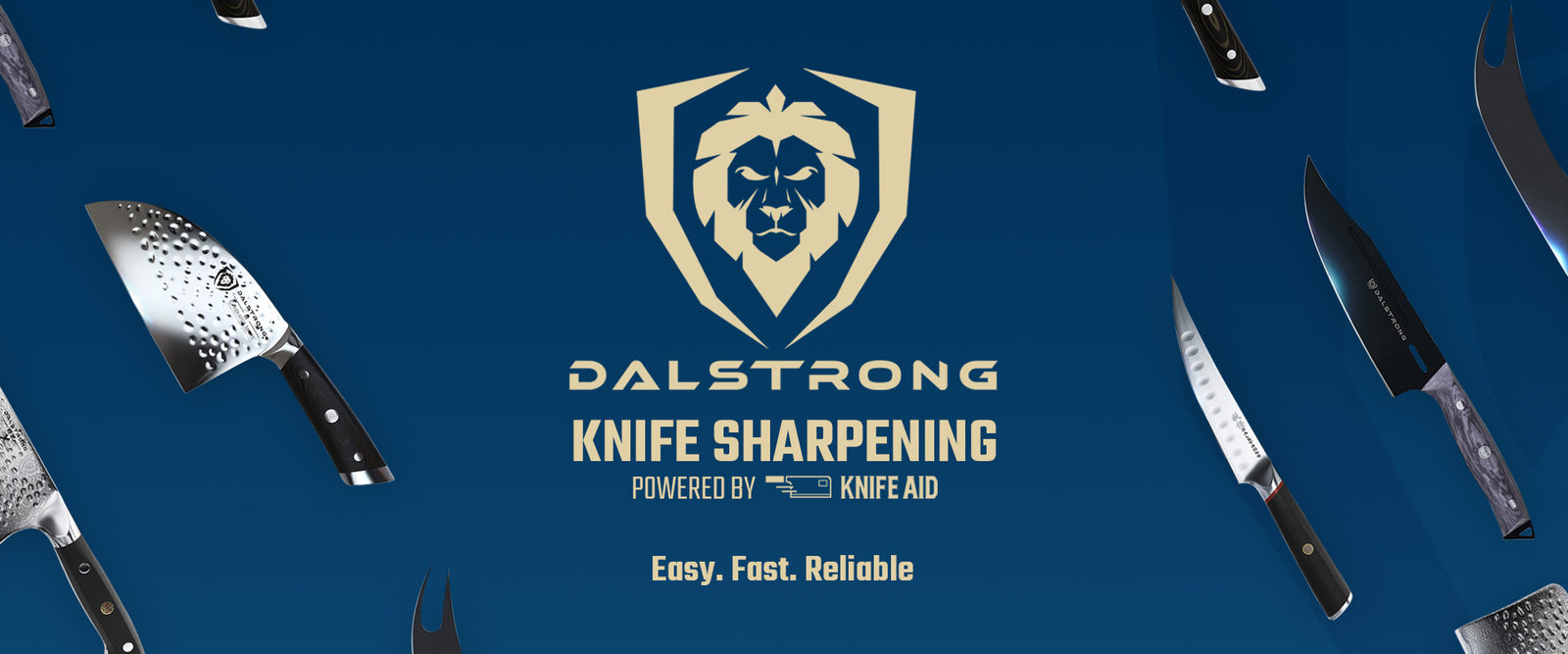 Dalstrong gold lionhead logo surrounded by knives against a blue background promoting knife sharpening service
