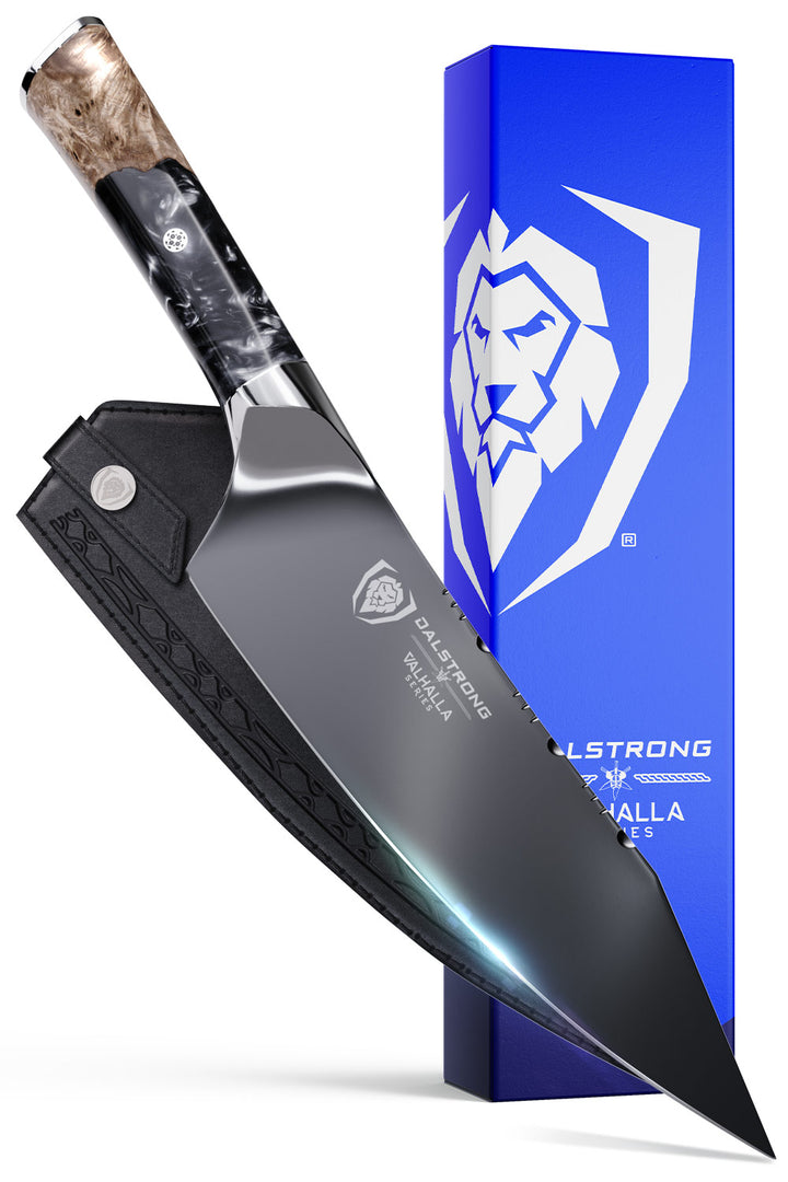 Dalstrong Valhalla Series 8 inch chef knife ravenstone edition beside it's premium packaging.