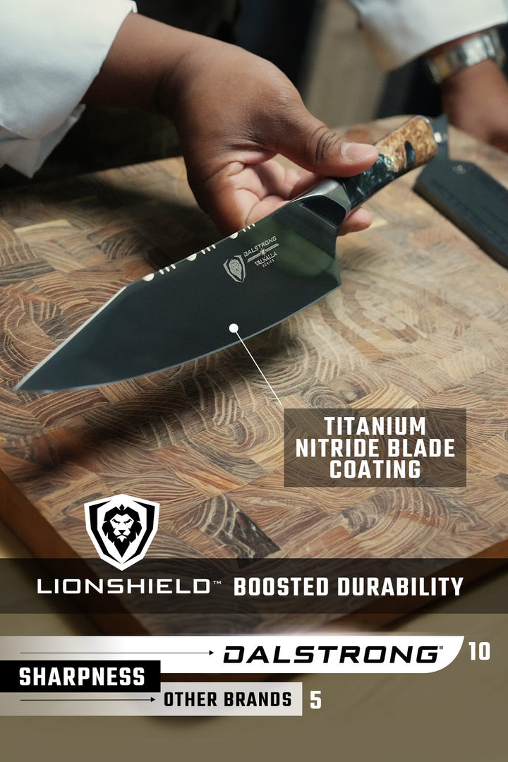 Dalstrong Valhalla Series 8 inch chef knife ravenstone edition showcasing it's titanium nitride blade coating.