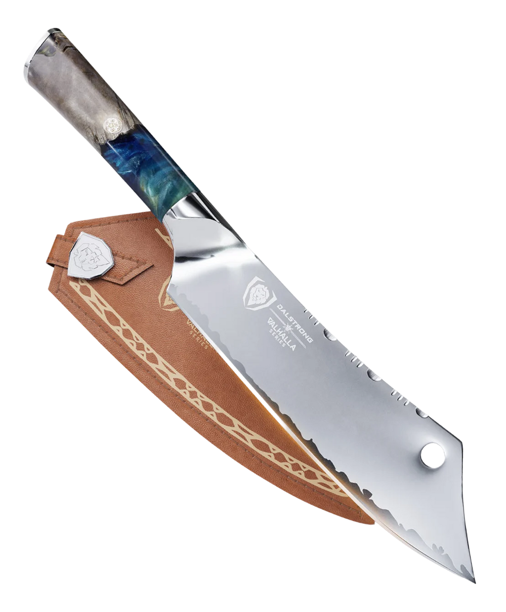 8-inch Valhalla Crixus chef and cleaver hybrid with leather sheath
