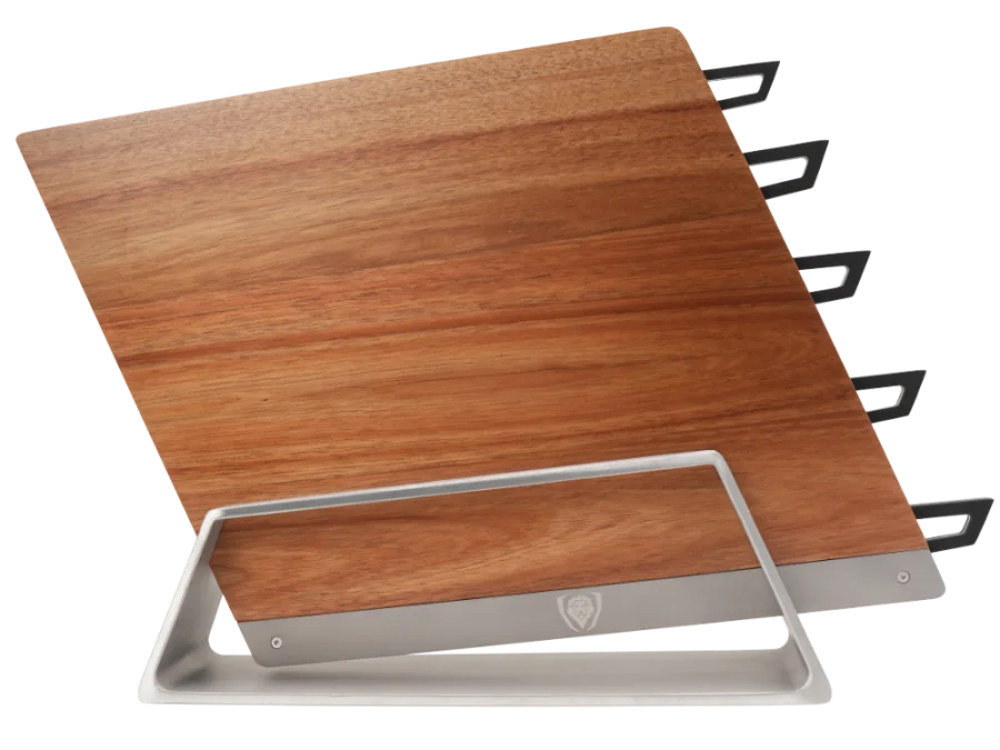 Front view of the slim acacia knife block in its stainless steel dock